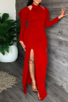 Red Sexy Solid Bandage Hollowed Out Patchwork Backless Slit Straight Dresses