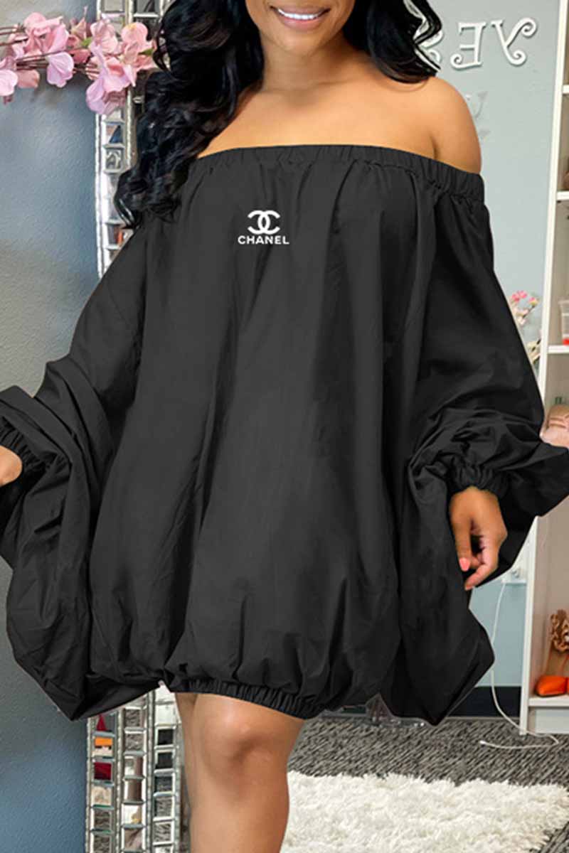 

Black Street Print Letter Off the Shoulder Lantern Skirt Dresses