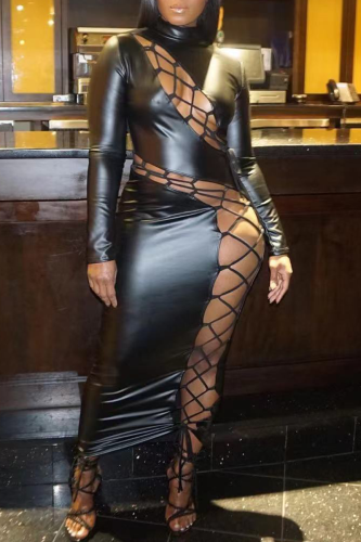 Black Sexy Solid Hollowed Out Half A Turtleneck Pencil Skirt Dresses