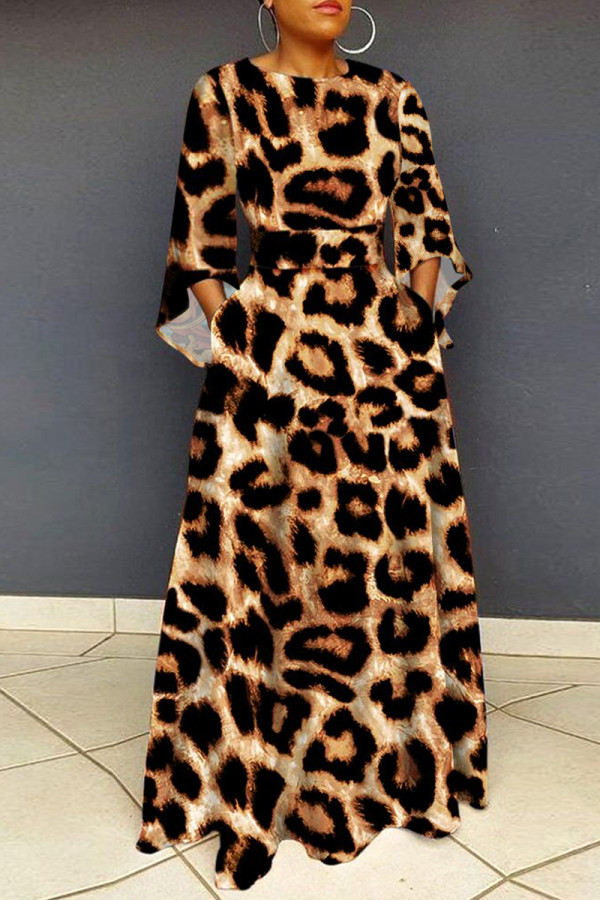 Leopardenmuster Lässiger Druck Druck O-Ausschnitt Bedruckte Kleidkleider