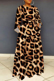 Vestidos de vestido estampado estampado de leopardo estampado casual com gola O