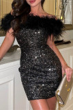 Черное сексуальное лоскутное платье с блестками и перьями с открытой спиной и коротким рукавом