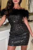 Черное сексуальное лоскутное платье с блестками и перьями с открытой спиной и коротким рукавом