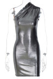 Dark Gray Sexy Solid Patchwork Oblique Collar Pencil Skirt Dresses