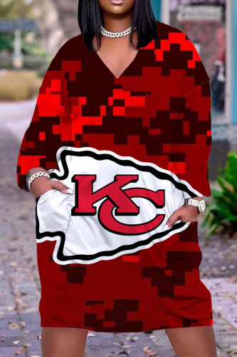 Deep Red Casual Graphics Print O Neck Long Sleeve Plus Size Dallas Cowboys Jersey A Line Maxi Steeler Dress