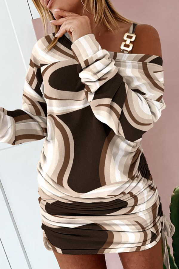 Lichte koffie Sexy print bandage patchwork schuine kraag jurken