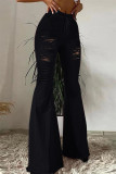 Black Casual Solid Ripped High Waist Boot Cut Denim Jeans