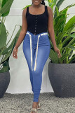 Jeans in denim regolare a vita alta con patchwork solido blu scuro