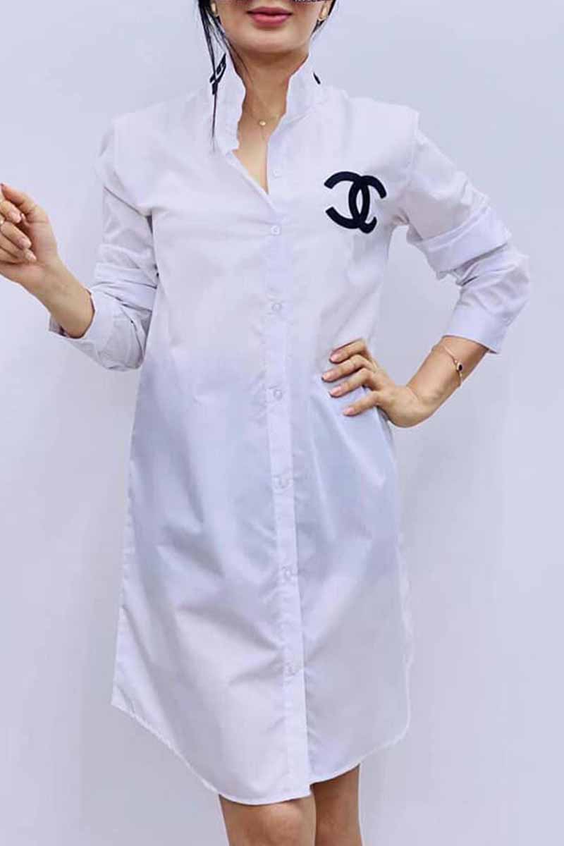 

White Simplicity Letter Embroidered Turndown Collar Shirt Dress Dresses
