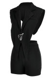 Black Sexy Solid Backless Asymmetrical V Neck Sleeveless Two Pieces