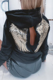 Black Casual Solid Hollowed Out Sequins Patchwork Hooded Collar Tops