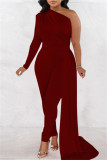 Burgundy Casual Solid Patchwork Asymmetrical Oblique Collar Skinny Jumpsuits