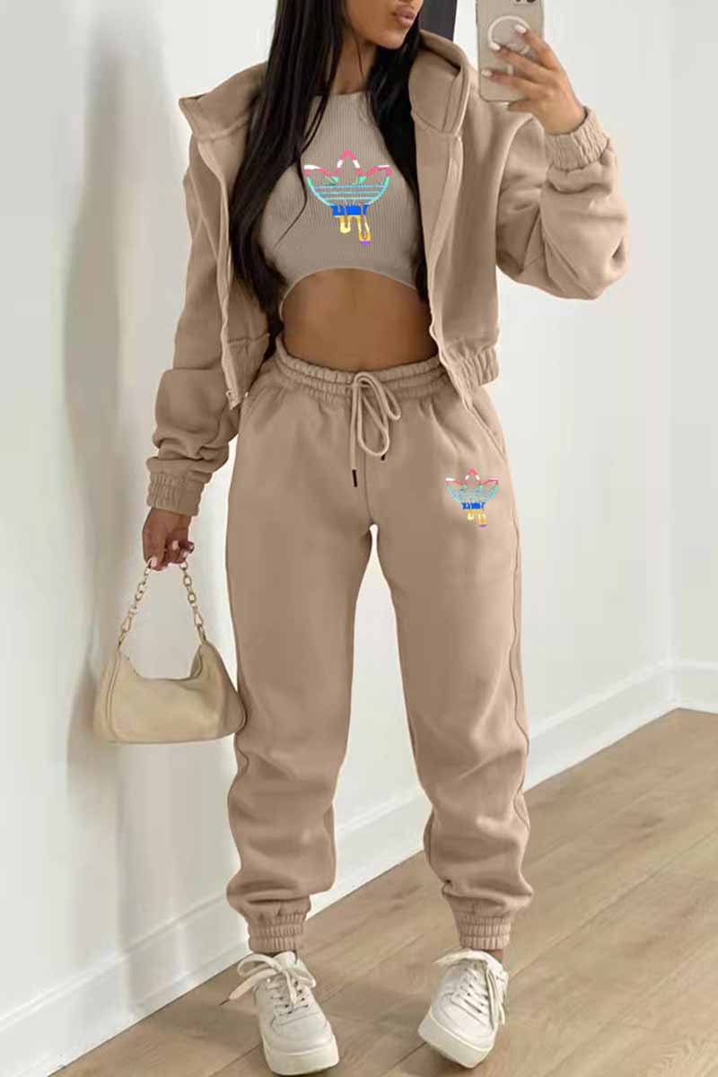 

Khaki Casual Print Patchwork Hooded Collar Long Sleeve Three Pieces