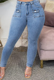 Babyblå Casual Solid Patchwork Skinny Jeans med hög midja
