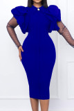 Deep Blue Elegant Solid Patchwork Turndown Collar One Step Skirt Dresses