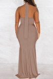 Light Coffee Sexy Solid Bandage Backless Halter Long Dress Dresses