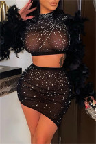 Black Sexy Patchwork Hot Drilling See-through Feathers O Neck Long Sleeve Two Pieces