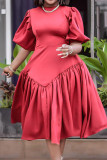 Watermelon Red Casual Elegant Solid Patchwork Fold O Neck Princess Dresses