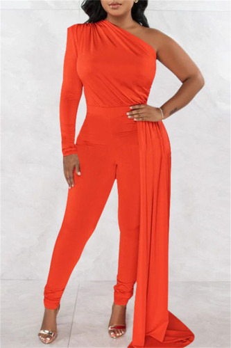 Orange Casual Solid Patchwork Asymmetrical Oblique Collar Skinny Jumpsuits
