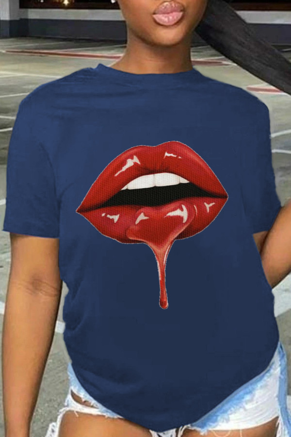 Marineblaue, lässige, tägliche, mit Lippen bedruckte Patchwork-T-Shirts mit O-Ausschnitt