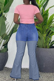 Donkerblauwe casual patchwork basic hoge taille regular denim jeans
