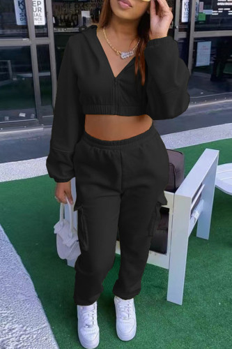Black Casual Sportswear Solid Patchwork Pocket Zipper Hooded Collar Long Sleeve Two Pieces
