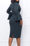 Dark Gray Casual Elegant Solid Patchwork Appliques V Neck One Step Skirt Dresses