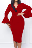 Vestidos de saia de um passo vermelho casual elegante com apliques de patchwork sólido decote em V