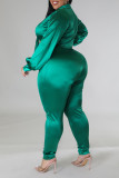 Green Sexy Solid Bandage Patchwork Turndown Collar Plus Size Two Pieces