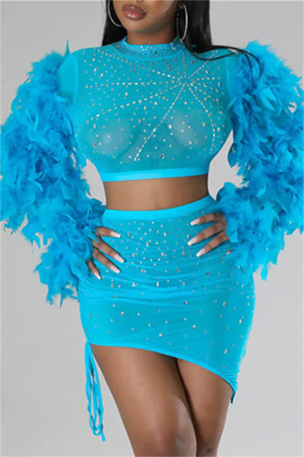 Blue Sexy Patchwork Hot Drilling See-through Feathers O Neck Long Sleeve Two Pieces