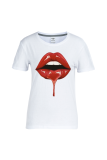T-shirts décontractés à col rond imprimé patchwork lèvres quotidiennes blanc