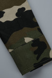Vert armée Casual Street Print Imprimé camouflage Patchwork Boutons Col rabattu Combinaisons droites
