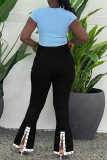 Schwarze, lässige, solide Patchwork-Schlitz-Jeans mit hoher Taille und regulärer Denim