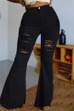 Black Casual Solid Ripped High Waist Boot Cut Denim Jeans