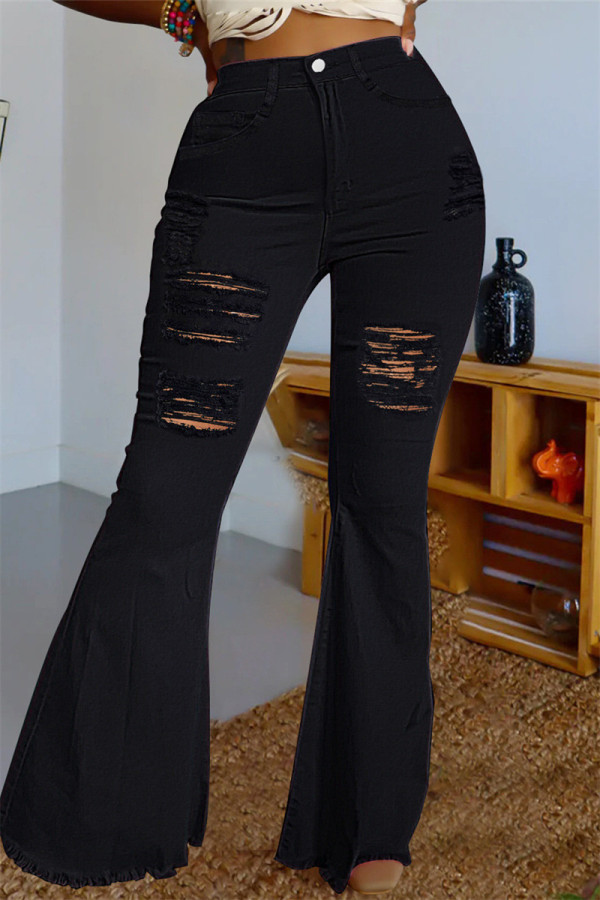 Schwarze, lässige, solide, zerrissene Boot-Cut-Denim-Jeans mit hoher Taille