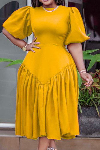 Yellow Casual Elegant Solid Patchwork Fold O Neck Princess Dresses