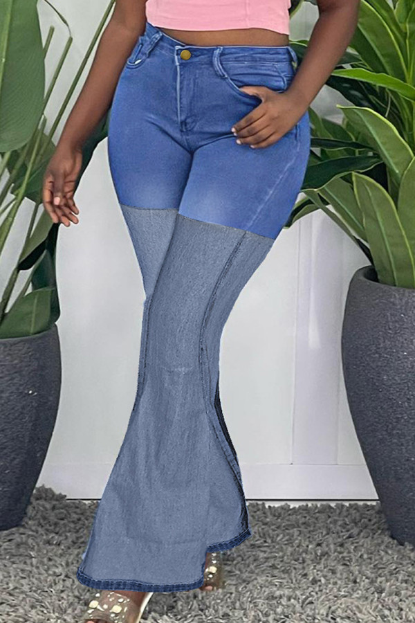 Jeans jeans regular azul casual patchwork básico cintura alta