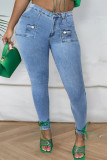 Babyblauwe casual effen patchwork skinny jeans met hoge taille