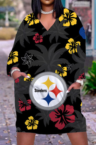 Black Yellow Casual Graphics Print O Neck Long Sleeve Plus Size Dallas Cowboys Jersey A Line Maxi Steeler Dress