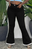 Zwarte casual effen patchwork spleet hoge taille regular denim jeans