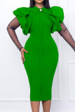 Vestidos de saia de um passo com gola de patchwork sólido e elegante verde