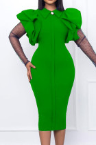グリーン エレガント ソリッド パッチワーク ターンダウン カラー ワンステップ スカート ドレス