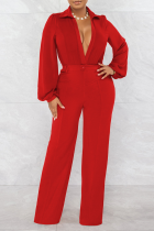 Red Street Solid Patchwork Turndown Krage Boot Cut Jumpsuits