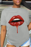 Grå Casual Daily Lips Tryckta Patchwork O-hals T-shirts