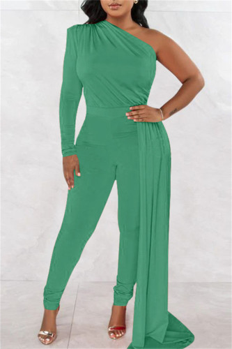 Light Green Casual Solid Patchwork Asymmetrical Oblique Collar Skinny Jumpsuits