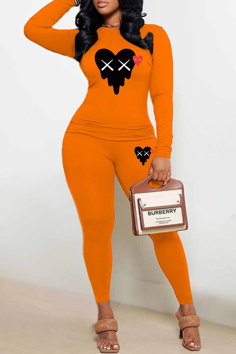 

Orange Street Print Patchwork O Neck Long Sleeve Two Pieces