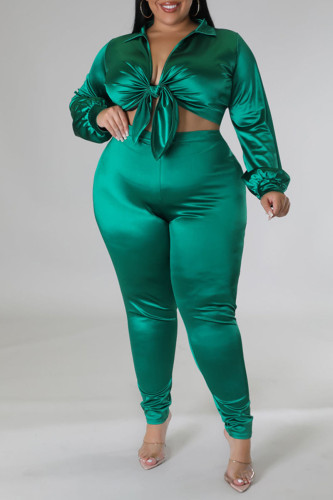 Green Sexy Solid Bandage Patchwork Turndown Collar Plus Size Two Pieces