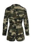 Army Green Casual Street Print Camouflage Print Patchwork Buttons Turn-back Collar Straight Rompers
