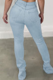 Jeans blu denim casual a vita alta con spacco strappato casual