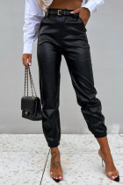 Pantalones casuales de patchwork sólido flaco lápiz de cintura alta color sólido negro